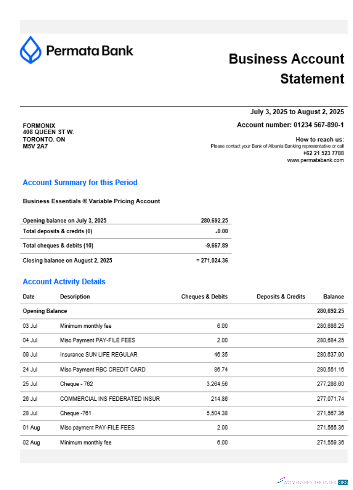 Download Permatabank organization checking account statement Word and PDF format Photoshop template